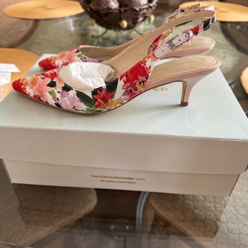 Marc Fisher Floral Orange Slingback Kitten Heels